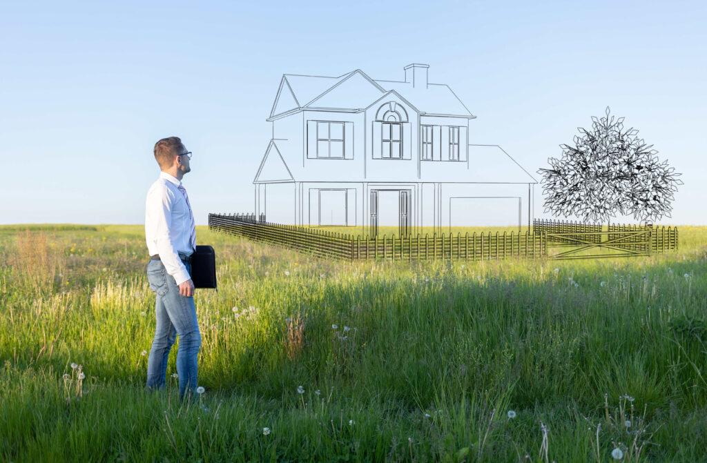 Mann/Makler, Käufer blickt auf sein Traumhaus mit Haustüren