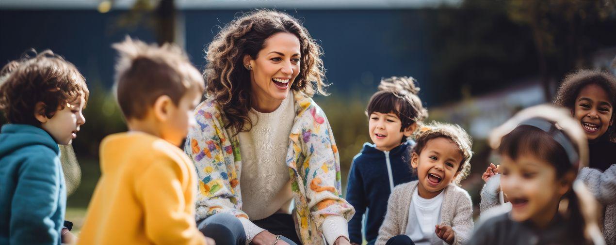 Quereinsteiger Kindergarten begleitet Kinder bei Aktivitaeten im Freien mit Freude und Engagement