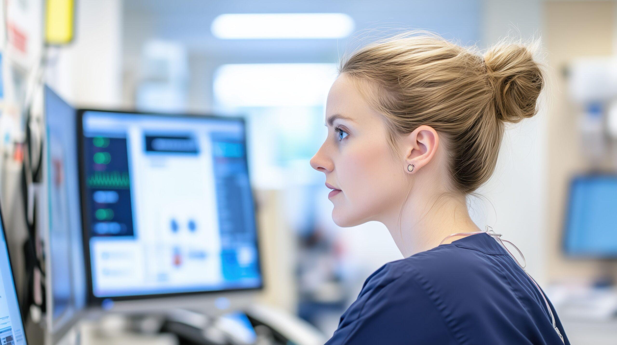 Pflegekraft am Monitor setzt medizinisches Wissen aus digitaler Hygieneschulung im Klinikalltag um