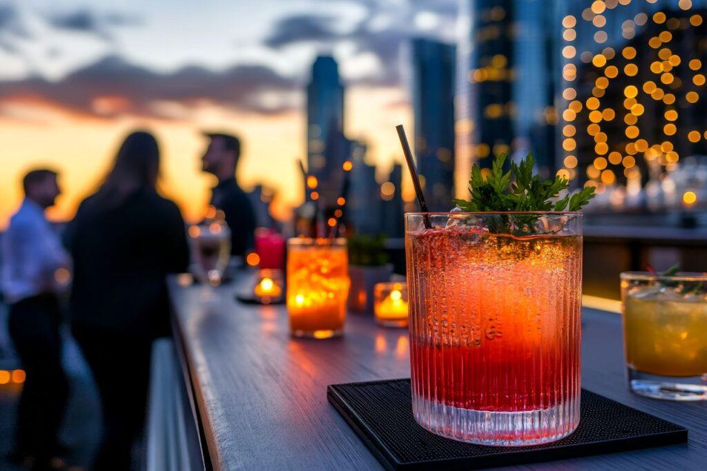 Stimmungsvolle Rooftop-Bar bei Sonnenuntergang mit alkoholfreie Biere und stilvollen Drinks fuer bewusste Genießer