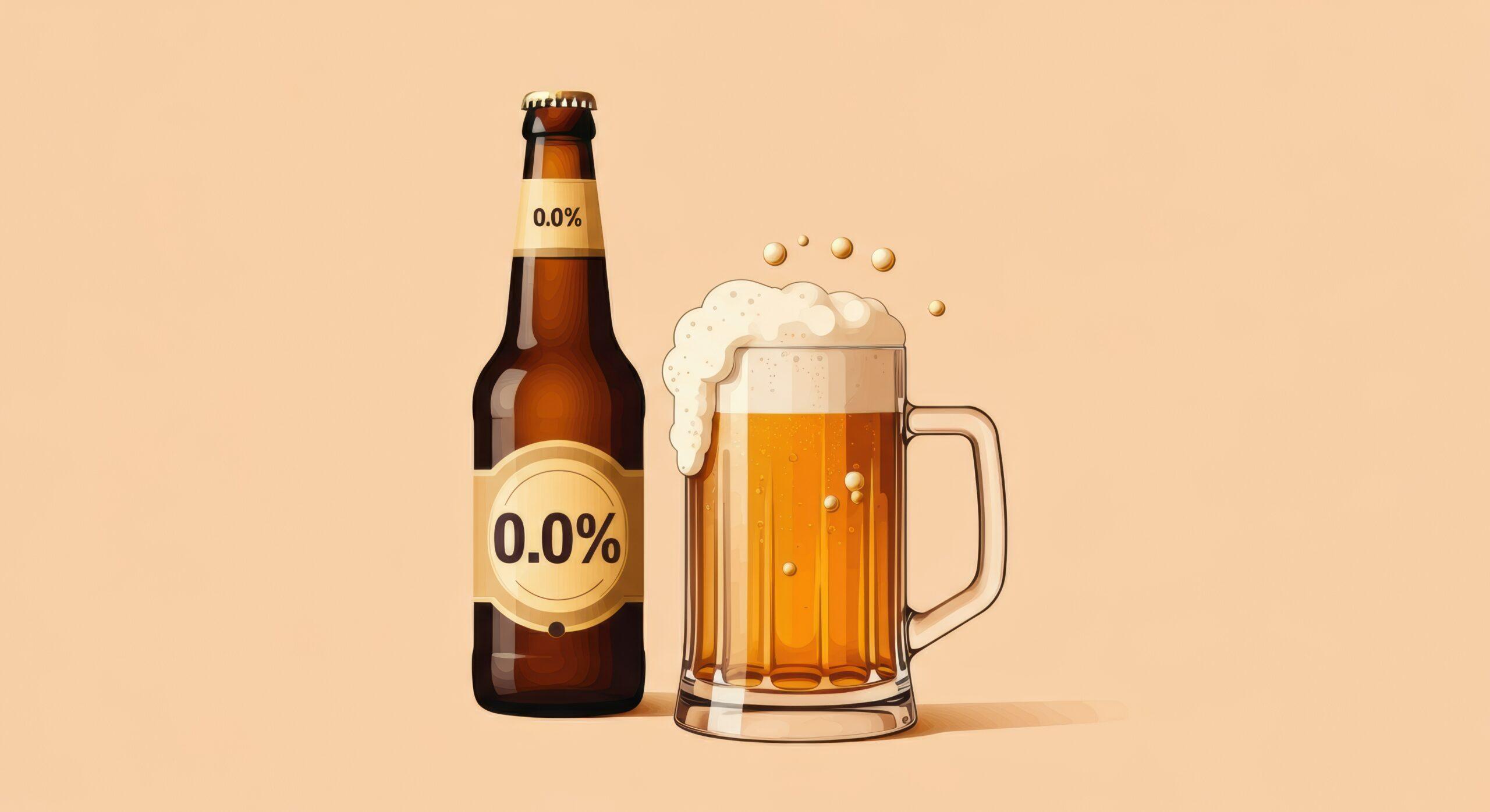 Alkoholfreie Biere mit 0.0 Prozent – Flasche und Glas auf hellem Hintergrund fuellen sich mit Schaum und prickelnder Erfrischung