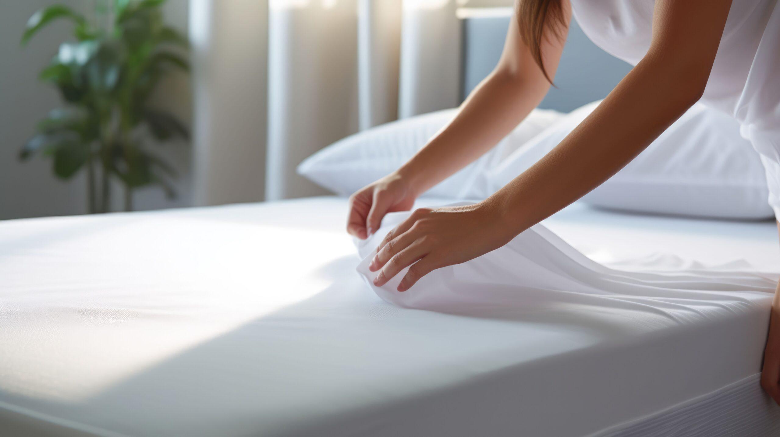 Frau richtet ein weißes Spannbettlaken 200x200 sorgfältig auf einem Bett im sanft beleuchteten, ruhigen Schlafzimmer aus
